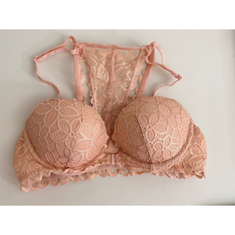 Victorias Secret PINK Peach Lace Shimmer Racerback Front Close Push Up Bra 34B